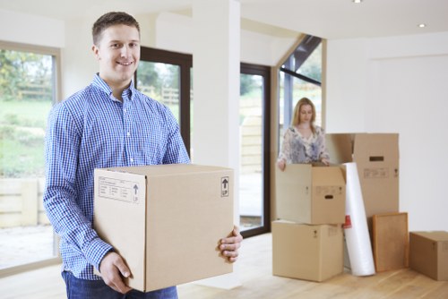 Business furniture and boxes prepared for a local office move