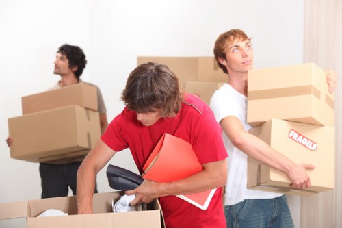 Trained movers loading furniture carefully into a van in Raynerslane